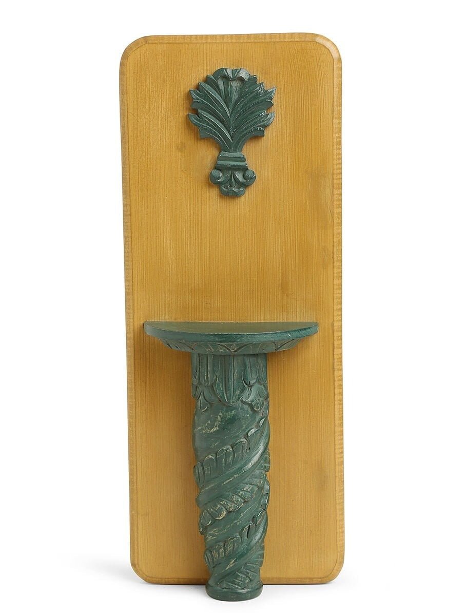 Hand-Carved Teal & Terracotta Wooden Wall Diya Shelf with Floral Medallion - DOBRI ARTS AU