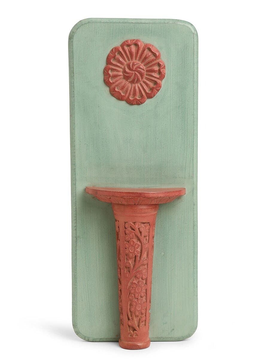 Hand-Carved Teal & Terracotta Wooden Wall Diya Shelf with Floral Medallion - DOBRI ARTS AU