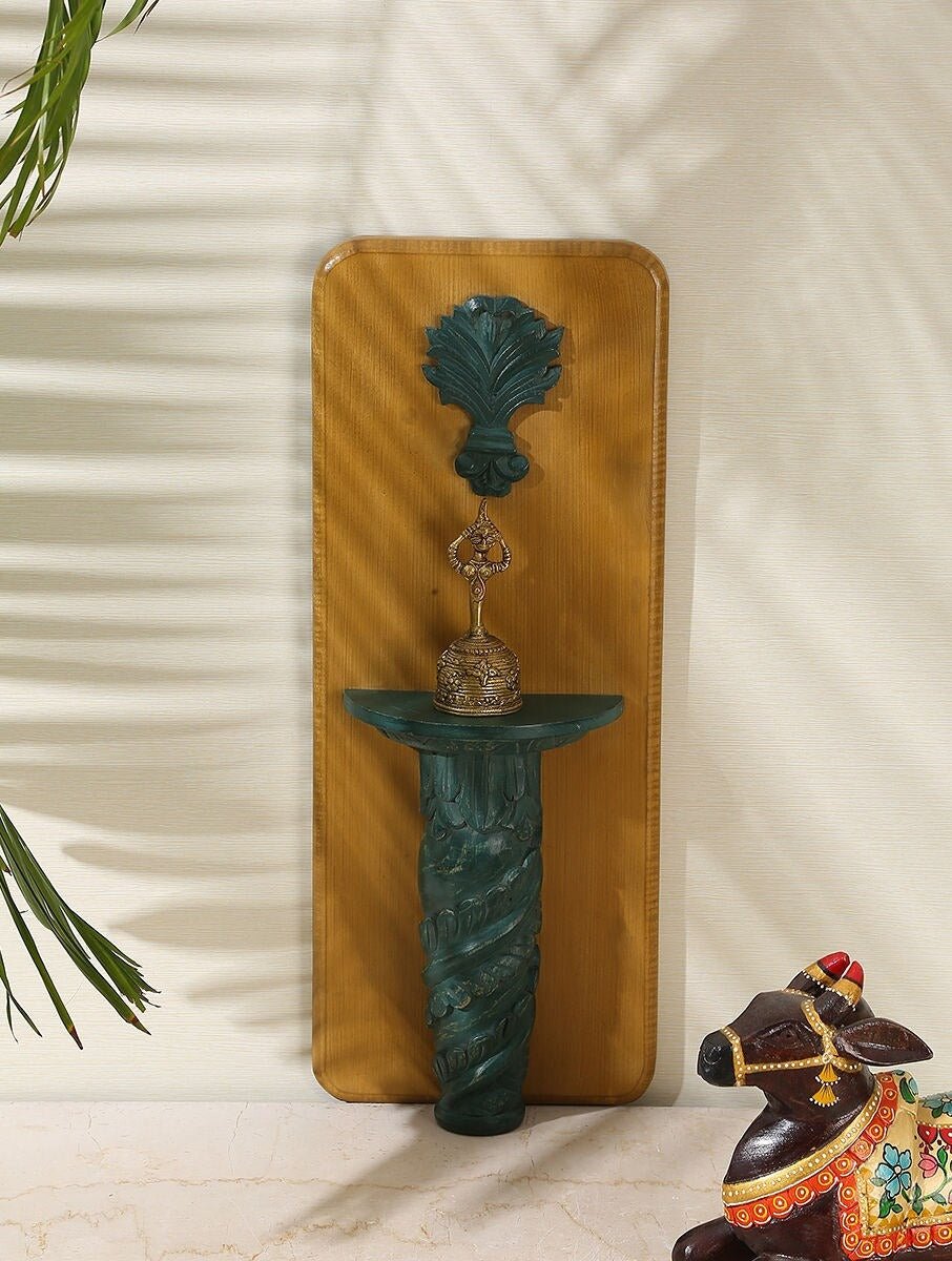 Hand-Carved Teal & Terracotta Wooden Wall Diya Shelf with Floral Medallion - DOBRI ARTS AU