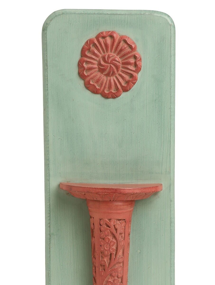 Hand-Carved Teal & Terracotta Wooden Wall Diya Shelf with Floral Medallion - DOBRI ARTS AU