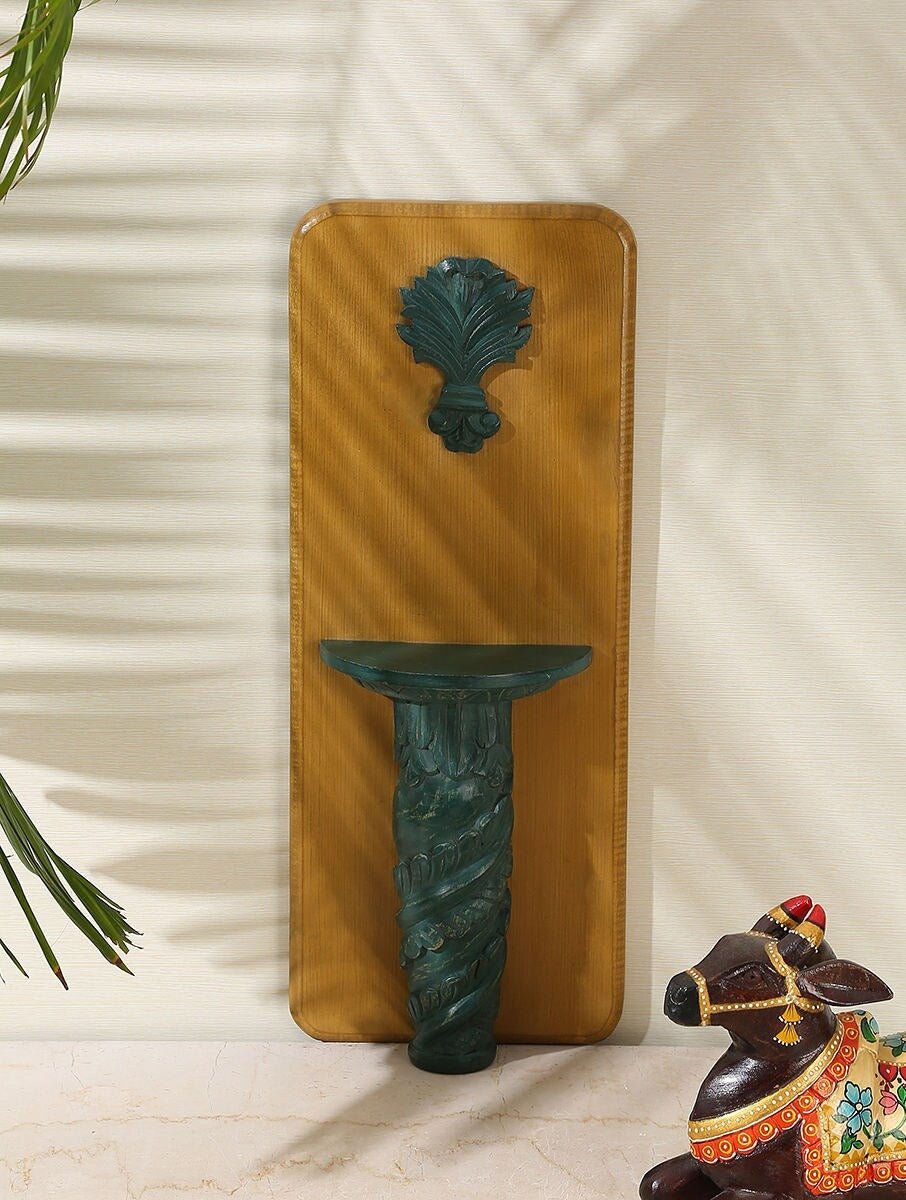 Hand-Carved Teal & Terracotta Wooden Wall Diya Shelf with Floral Medallion - DOBRI ARTS AU