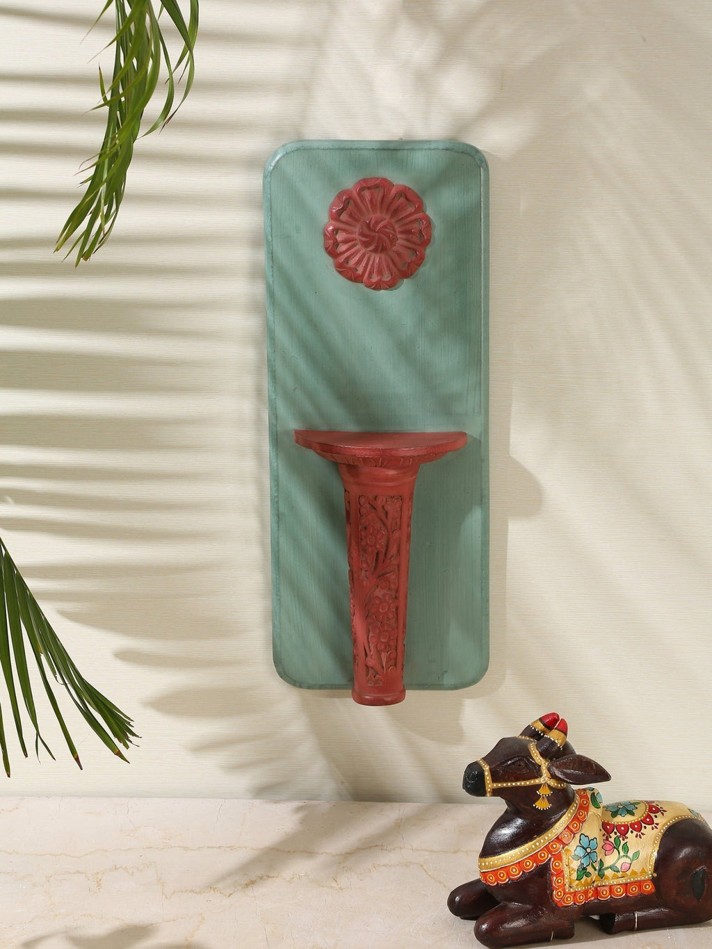 Hand-Carved Teal & Terracotta Wooden Wall Diya Shelf with Floral Medallion - DOBRI ARTS AU