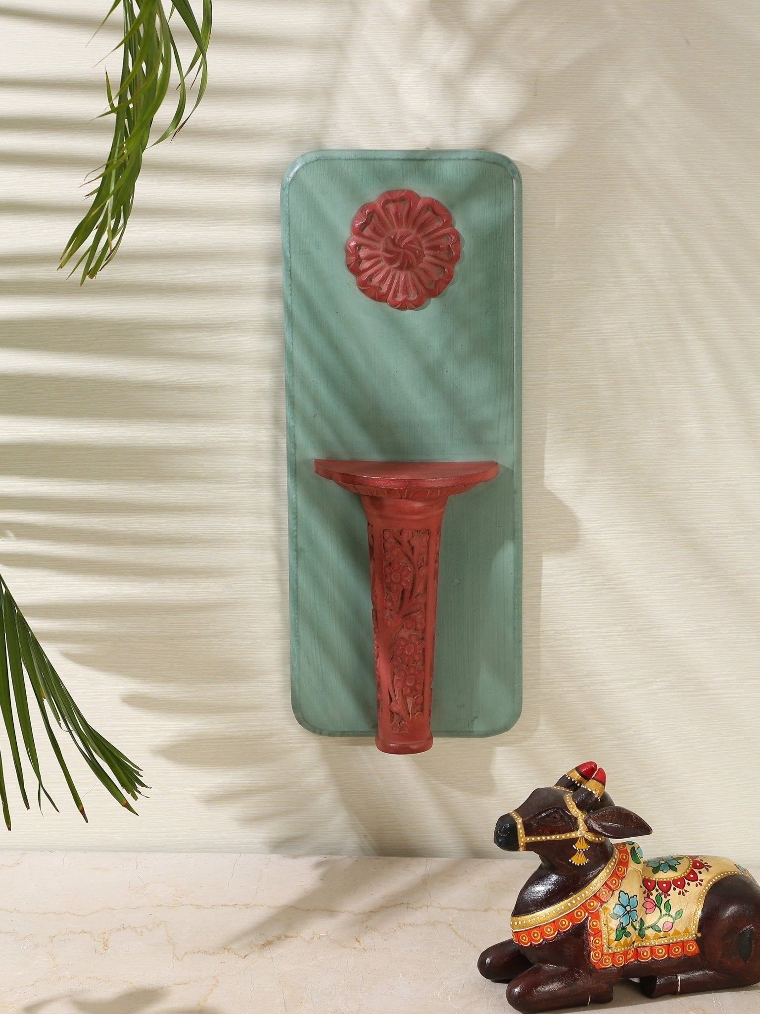 Hand-Carved Teal & Terracotta Wooden Wall Diya Shelf with Floral Medallion - DOBRI ARTS AU
