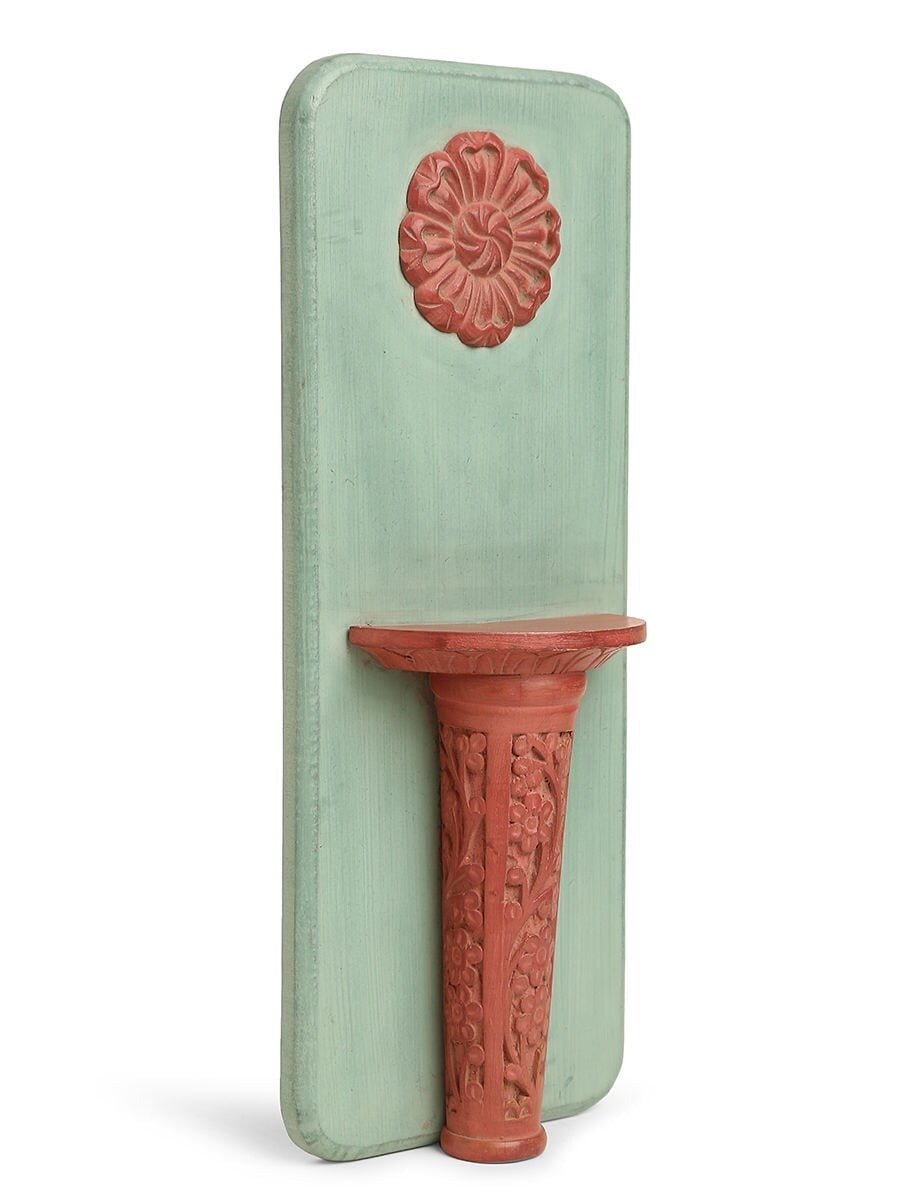 Hand-Carved Teal & Terracotta Wooden Wall Diya Shelf with Floral Medallion - DOBRI ARTS AU
