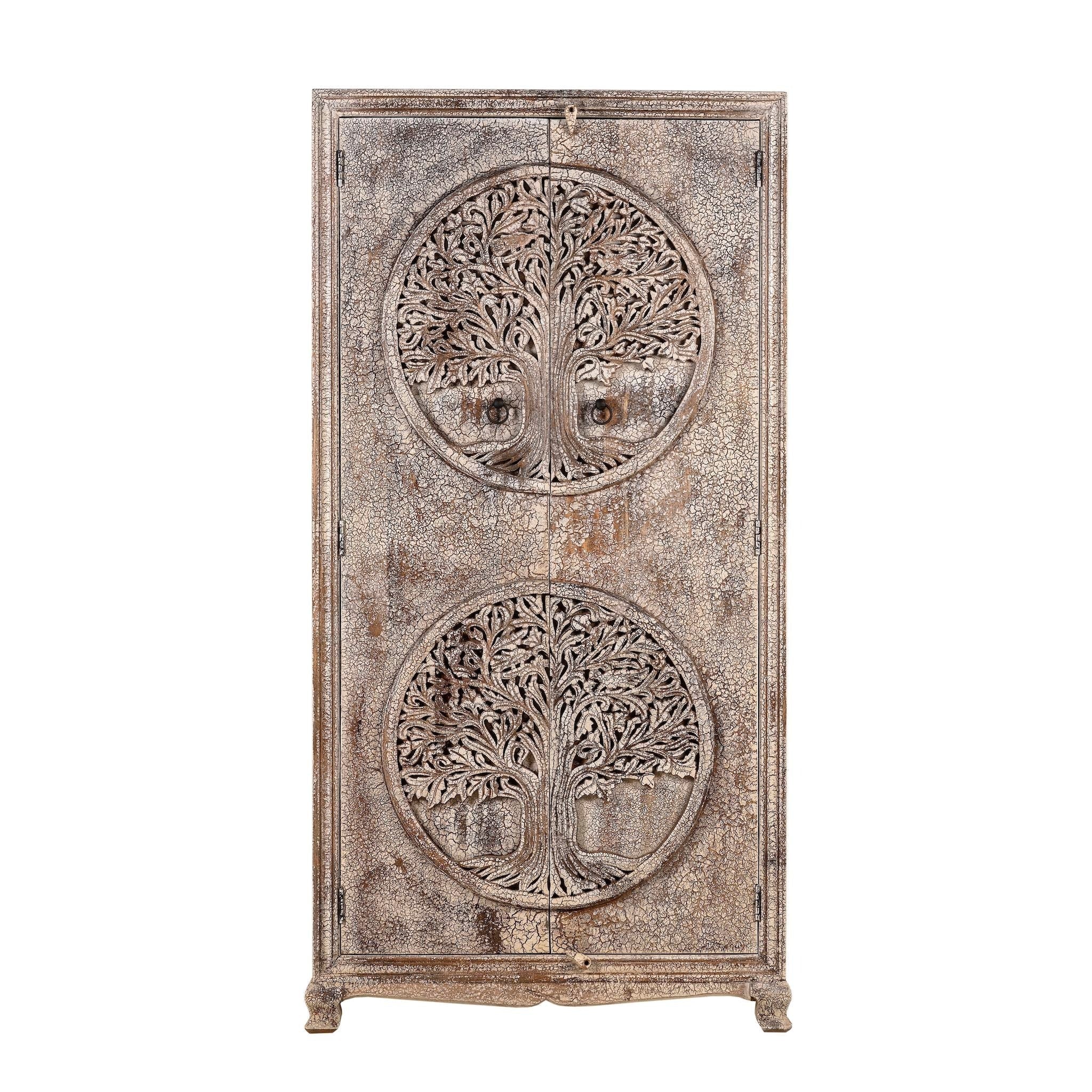 Hand-Carved Tree of Life Distressed Wooden Storage Cabinet - DOBRI ARTS AU