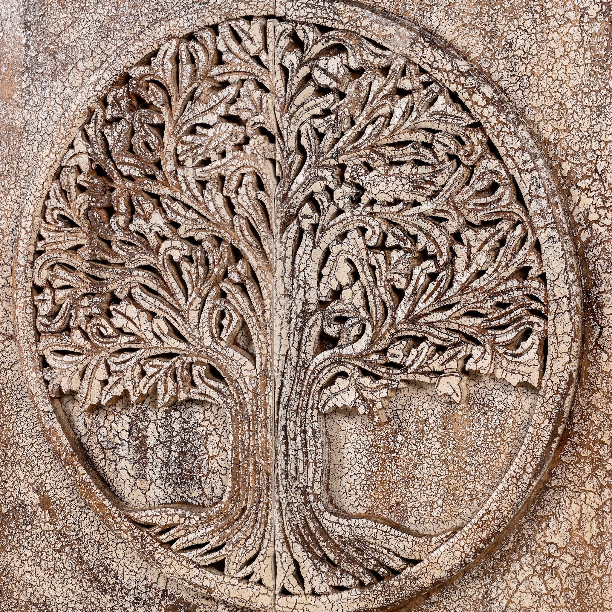 Hand-Carved Tree of Life Distressed Wooden Storage Cabinet - DOBRI ARTS AU