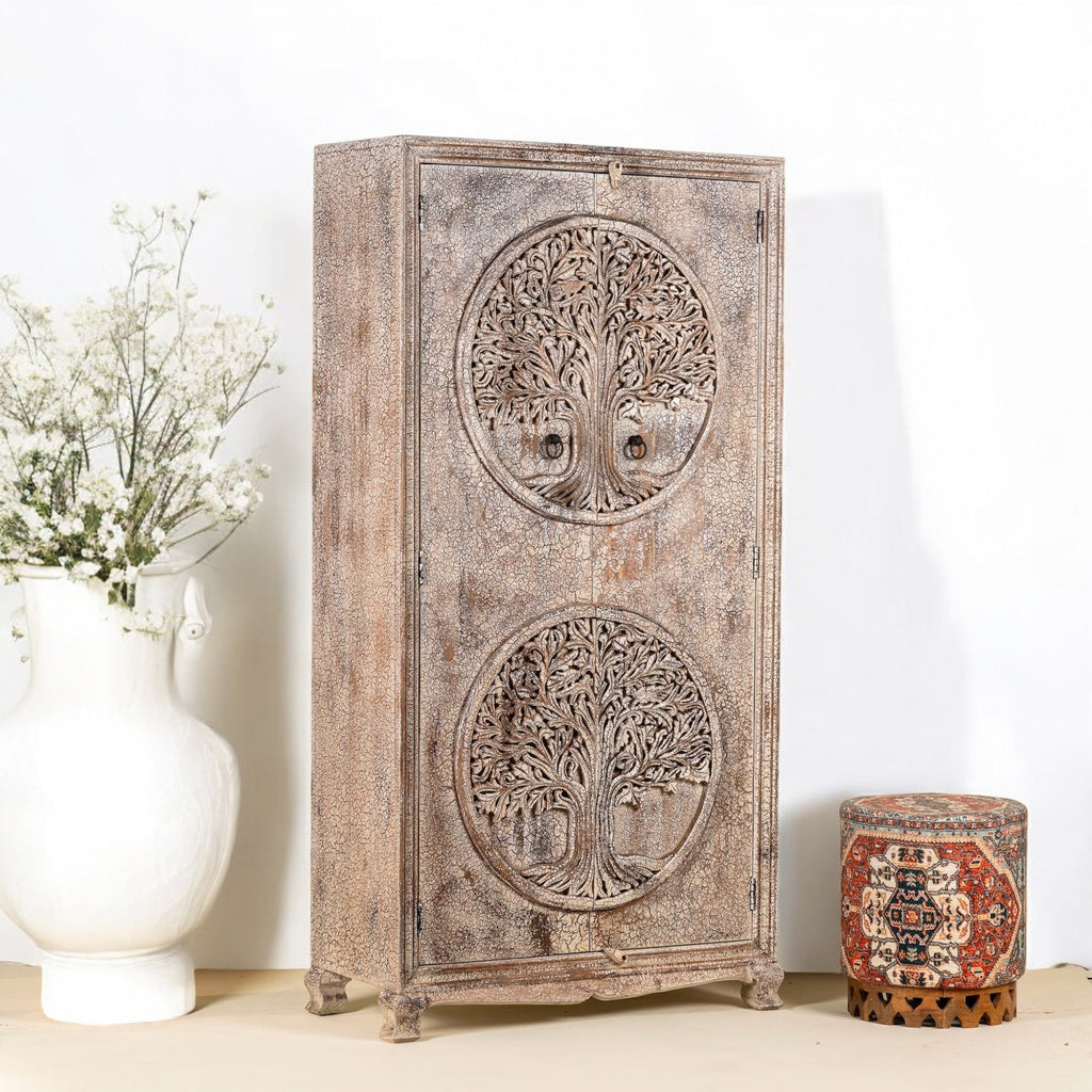 Hand-Carved Tree of Life Distressed Wooden Storage Cabinet - DOBRI ARTS AU