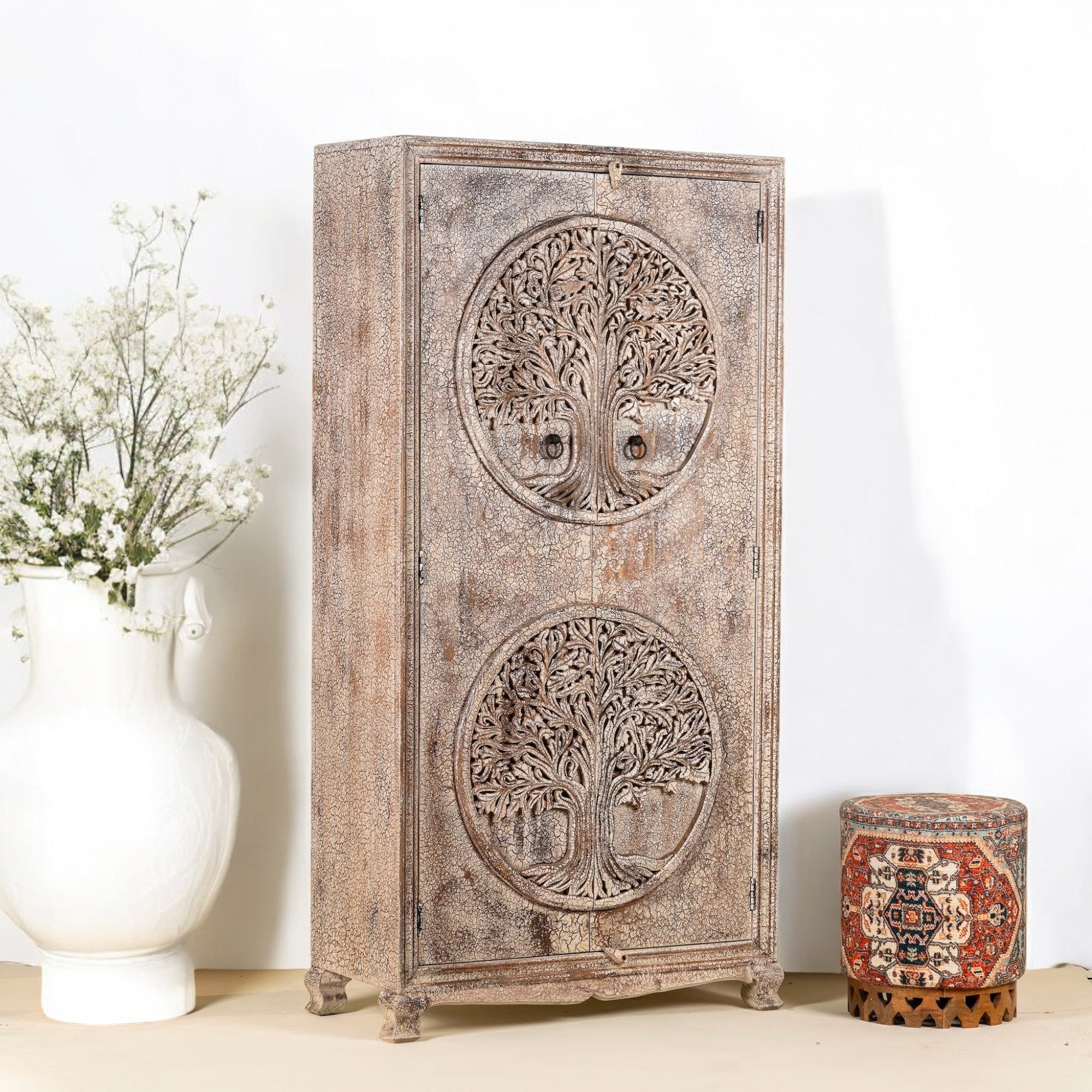 Hand-Carved Tree of Life Distressed Wooden Storage Cabinet - DOBRI ARTS AU