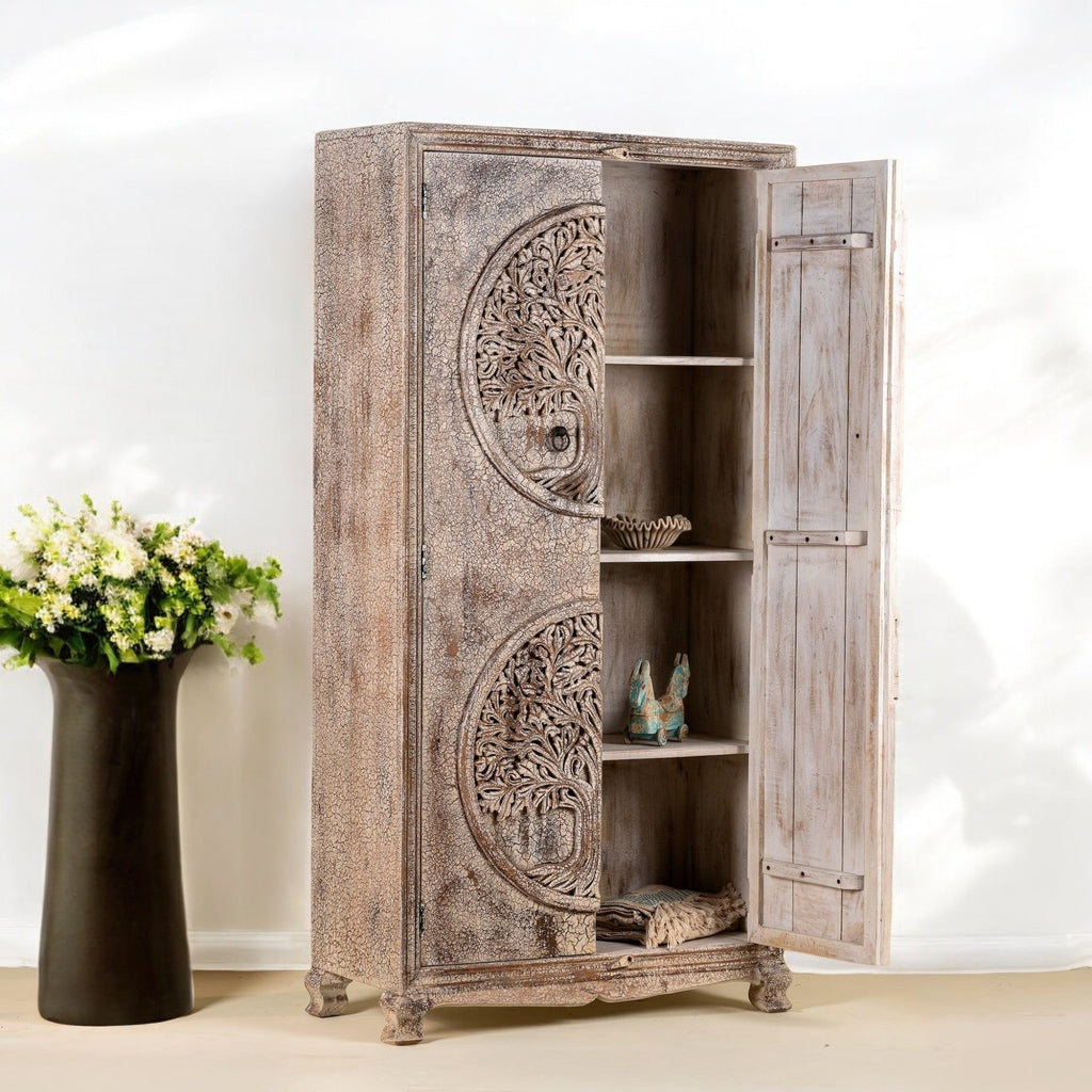 Hand-Carved Tree of Life Distressed Wooden Storage Cabinet - DOBRI ARTS AU