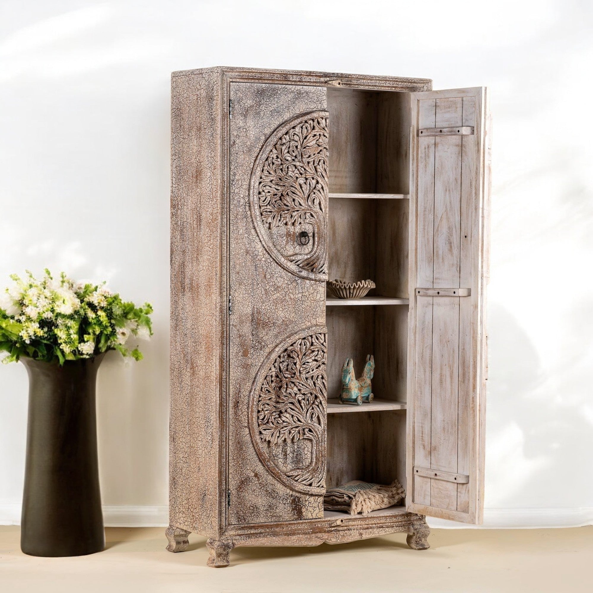 Hand-Carved Tree of Life Distressed Wooden Storage Cabinet - DOBRI ARTS AU
