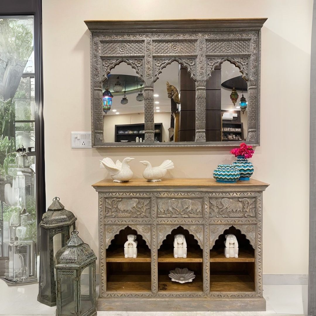 Hand-Carved Triple Arch Wooden Mirror Frame with Distressed Grey Finish - DOBRI ARTS AU