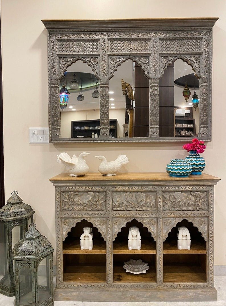 Hand-Carved Triple Arch Wooden Mirror Frame with Distressed Grey Finish - DOBRI ARTS AU