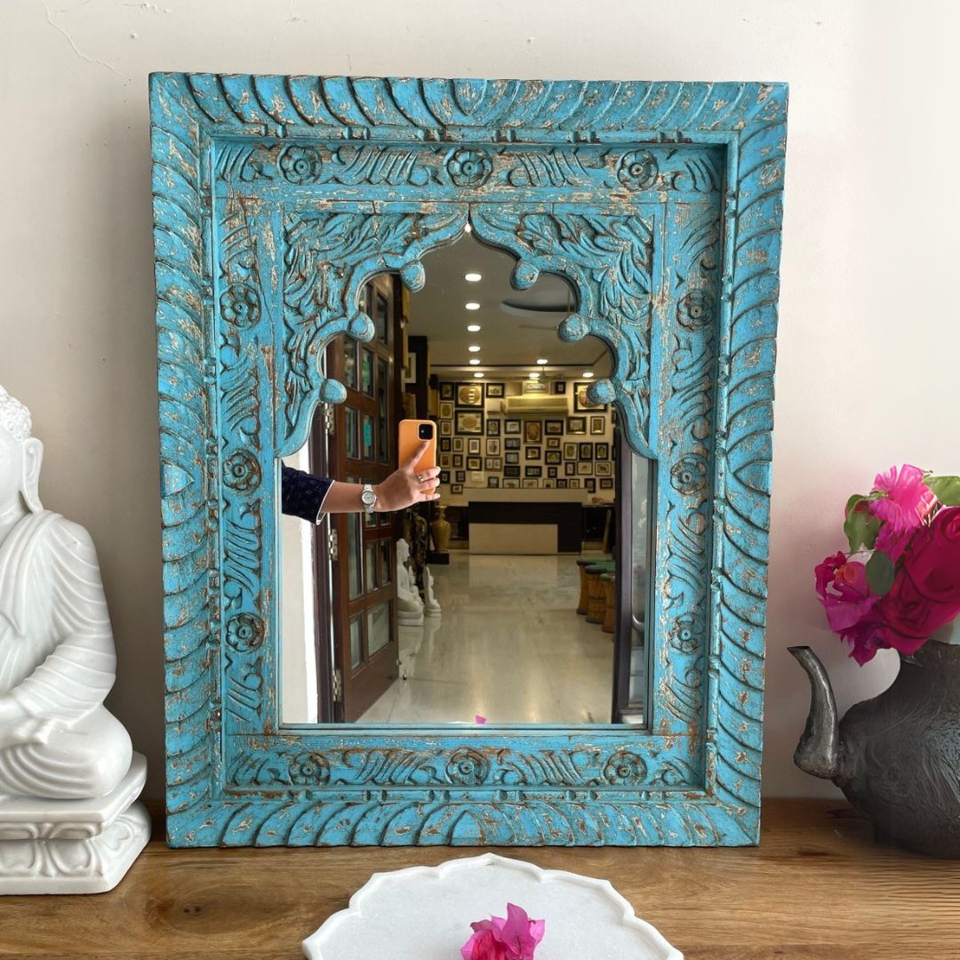 Hand-Carved Whitewashed Arch Wooden Mirror Frame with Floral Detailing - DOBRI ARTS AU