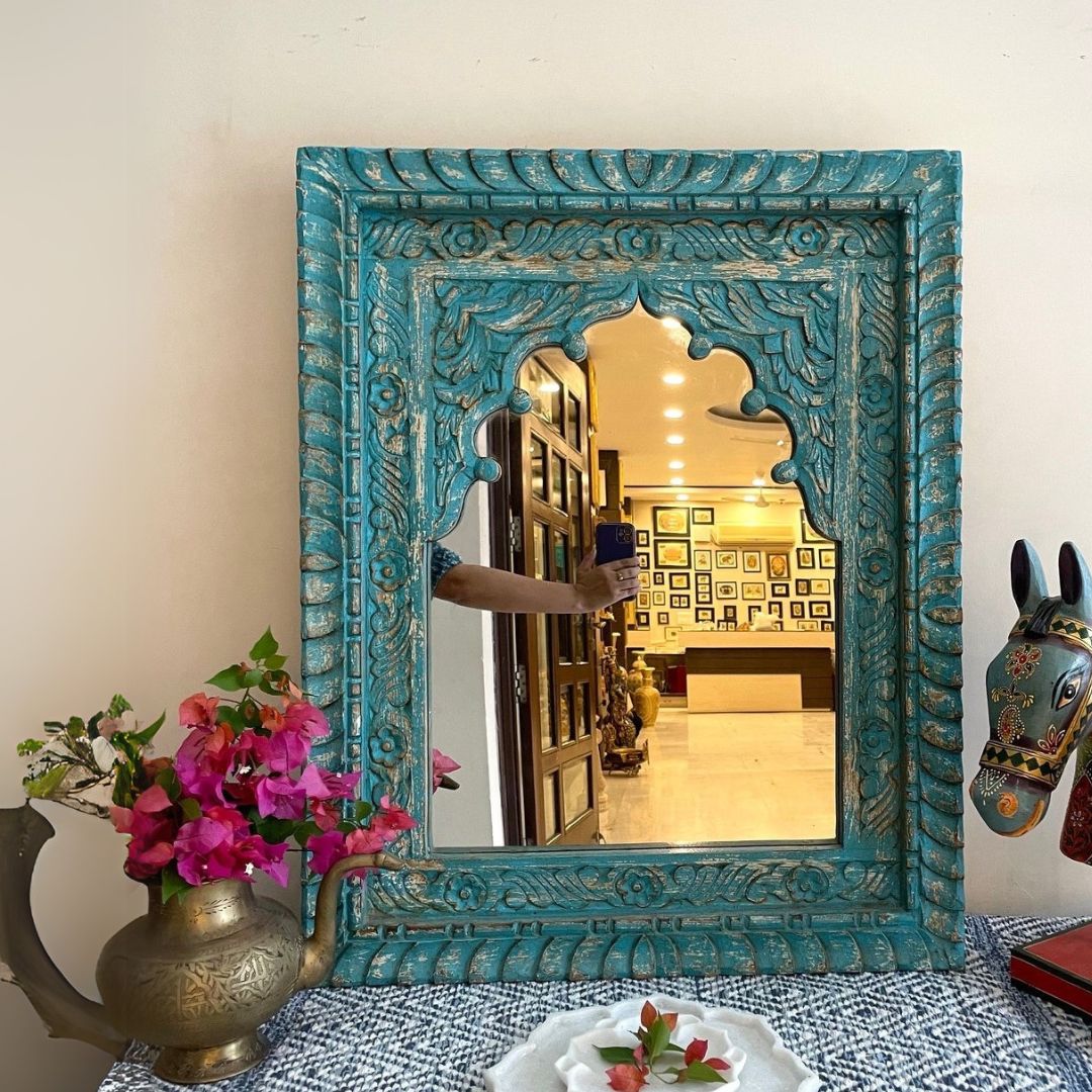 Hand-Carved Whitewashed Arch Wooden Mirror Frame with Floral Detailing - DOBRI ARTS AU