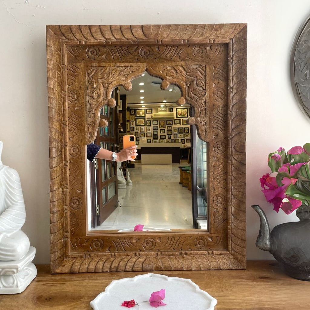 Hand-Carved Whitewashed Arch Wooden Mirror Frame with Floral Detailing - DOBRI ARTS AU