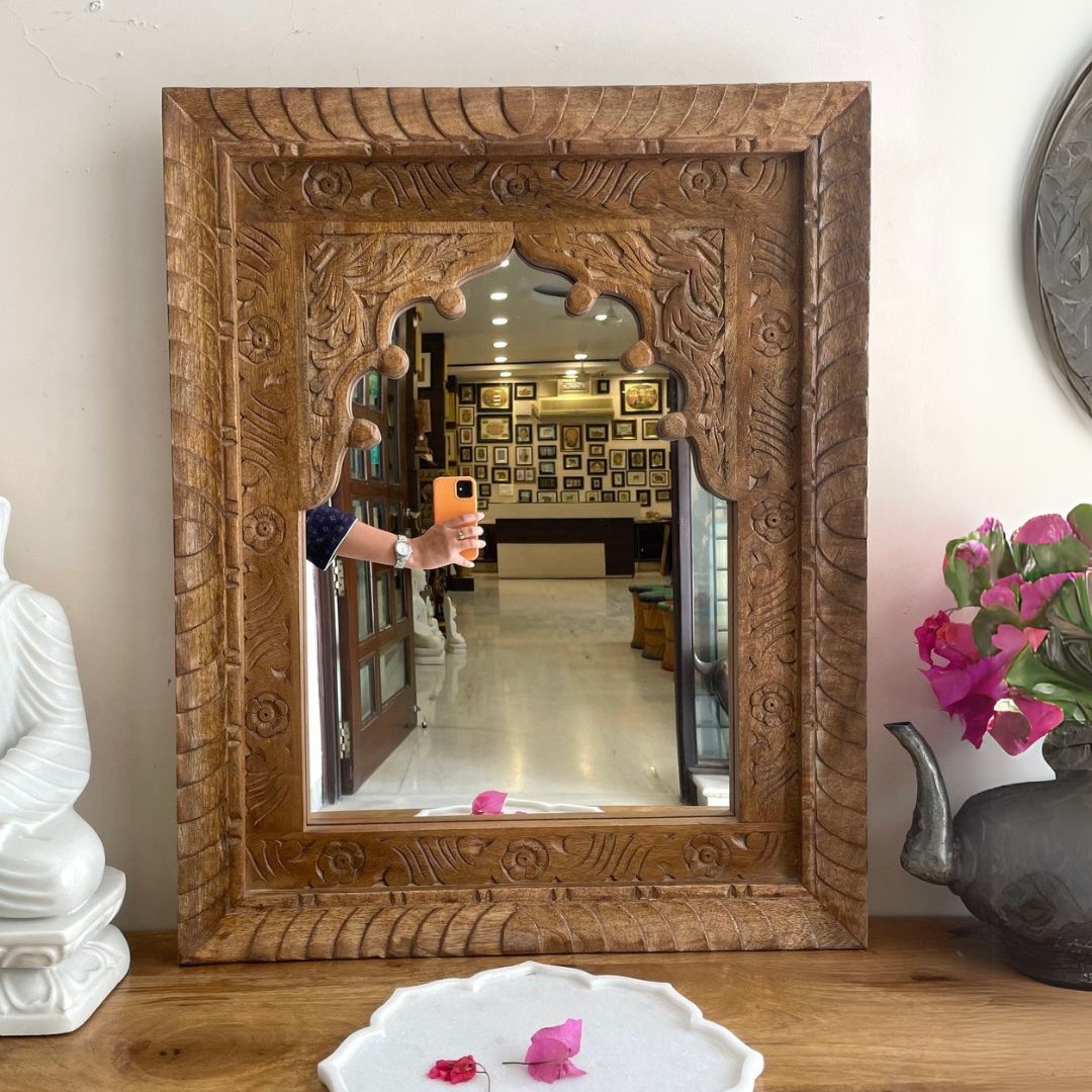 Hand-Carved Whitewashed Arch Wooden Mirror Frame with Floral Detailing - DOBRI ARTS AU
