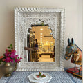 Hand-Carved Whitewashed Arch Wooden Mirror Frame with Floral Detailing - DOBRI ARTS AU