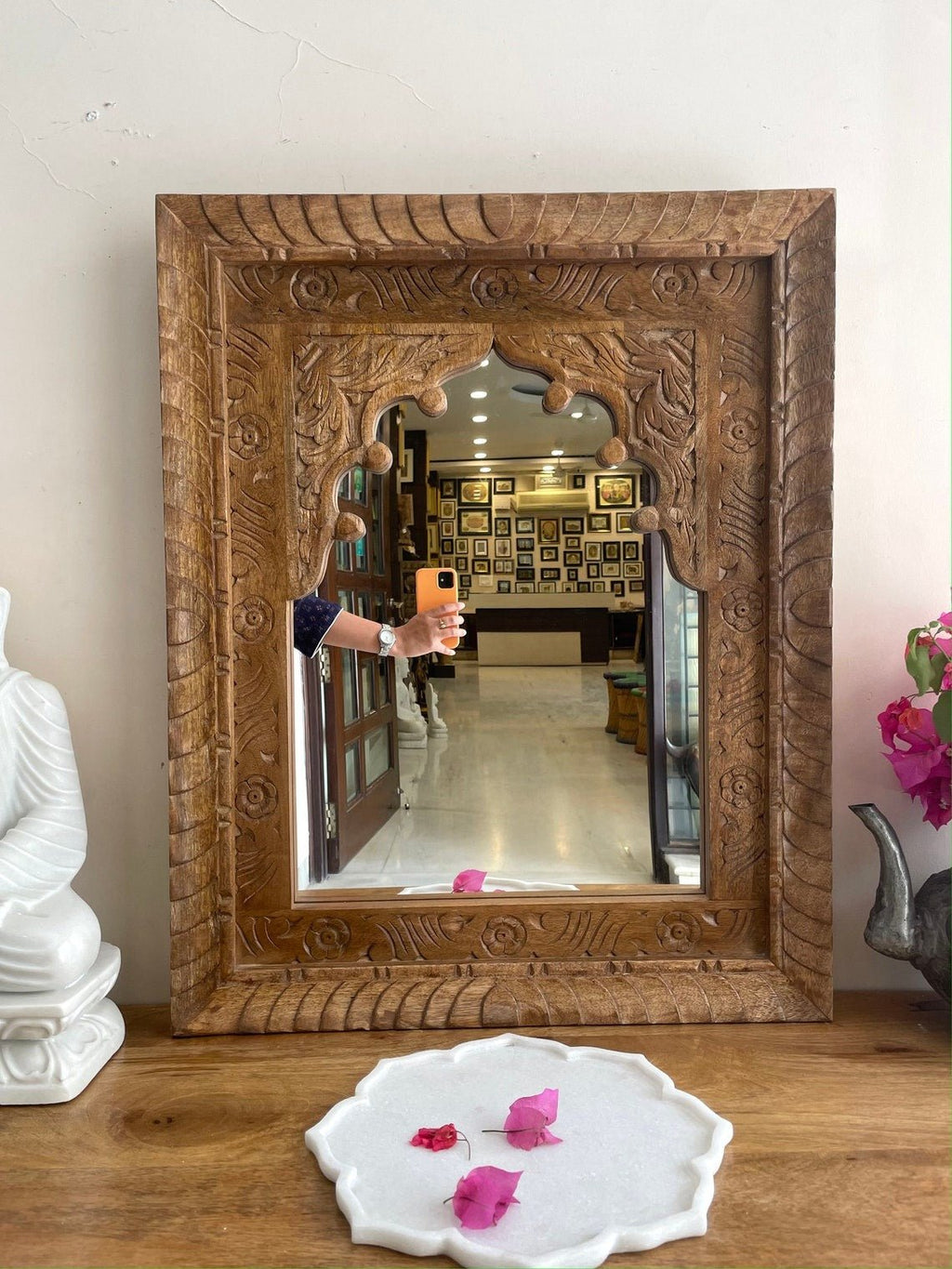 Hand-Carved Whitewashed Arch Wooden Mirror Frame with Floral Detailing - DOBRI ARTS AU