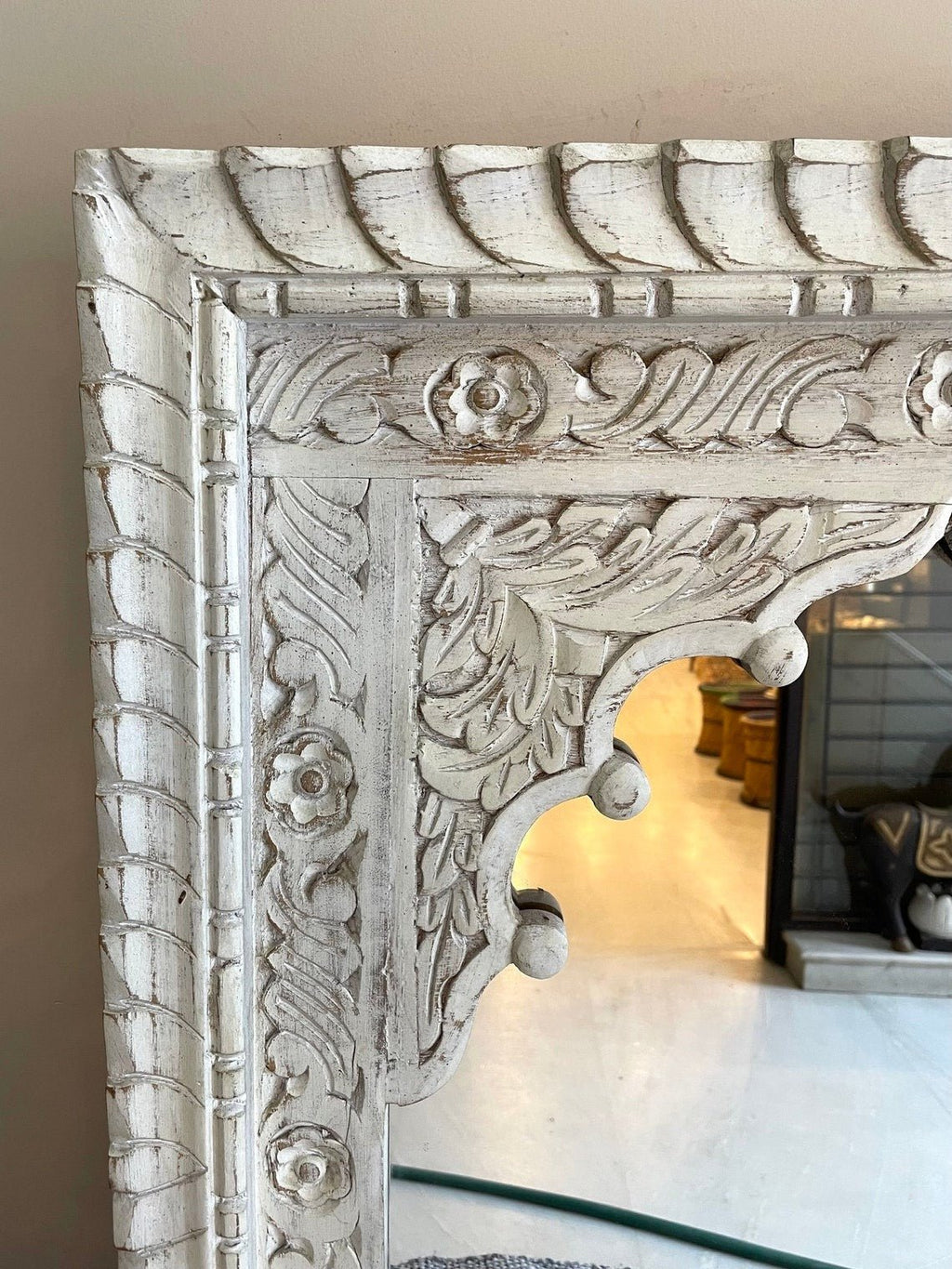 Hand-Carved Whitewashed Arch Wooden Mirror Frame with Floral Detailing - DOBRI ARTS AU
