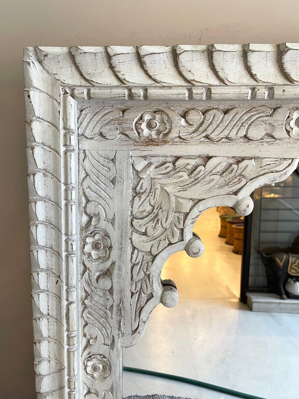 Hand-Carved Whitewashed Arch Wooden Mirror Frame with Floral Detailing - DOBRI ARTS AU