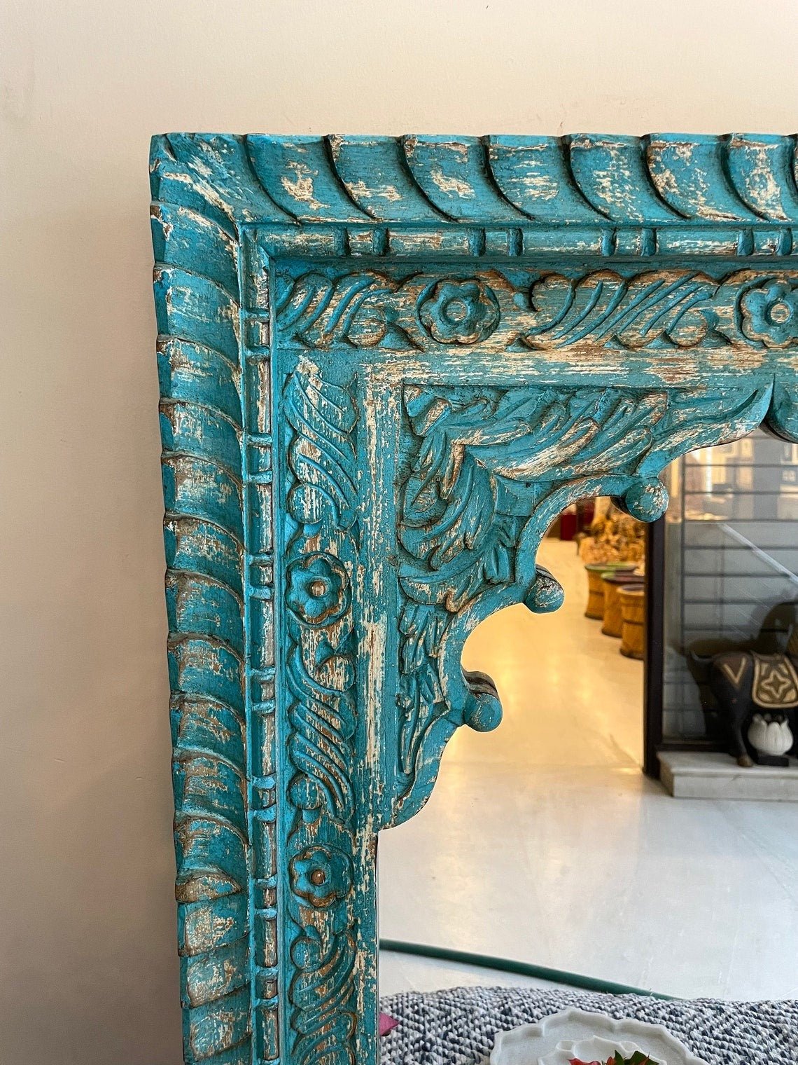 Hand-Carved Whitewashed Arch Wooden Mirror Frame with Floral Detailing - DOBRI ARTS AU