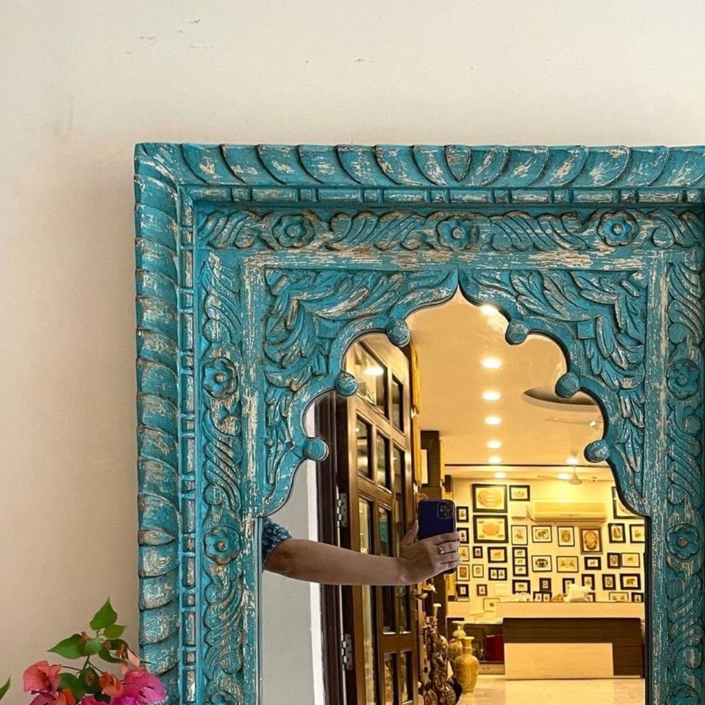 Hand-Carved Whitewashed Arch Wooden Mirror Frame with Floral Detailing - DOBRI ARTS AU