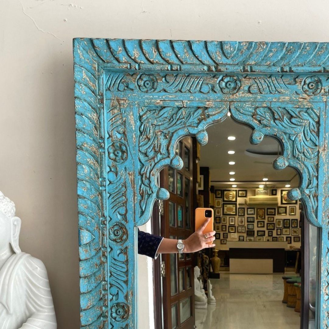 Hand-Carved Whitewashed Arch Wooden Mirror Frame with Floral Detailing - DOBRI ARTS AU