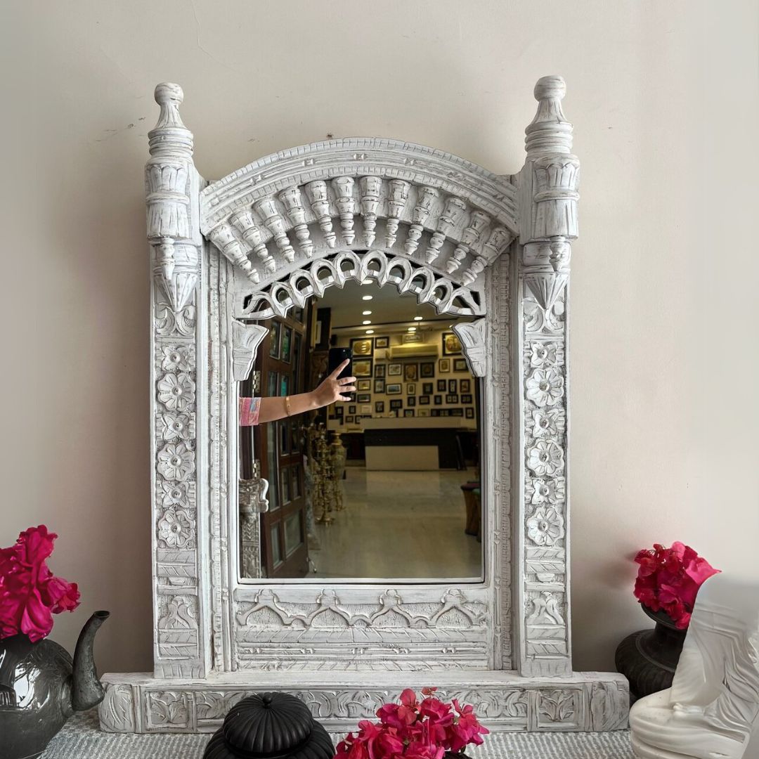 Hand-Carved Whitewashed Arch Wooden Mirror Frame with Pillar Detailing - DOBRI ARTS AU