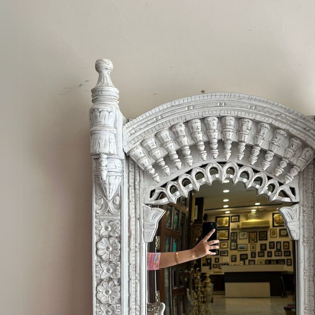 Hand-Carved Whitewashed Arch Wooden Mirror Frame with Pillar Detailing - DOBRI ARTS AU