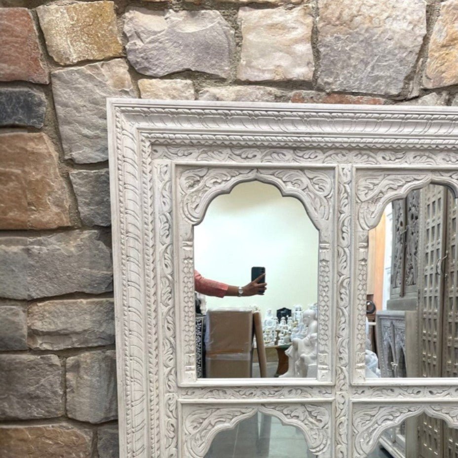 Hand-Carved Whitewashed Quad-Arch Wooden Wall Mirror with Jharokha Detailing - DOBRI ARTS AU