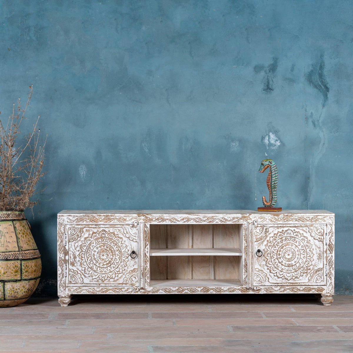 Hand-Carved Whitewashed Wooden TV Console with Mandala Panels - DOBRI ARTS AU