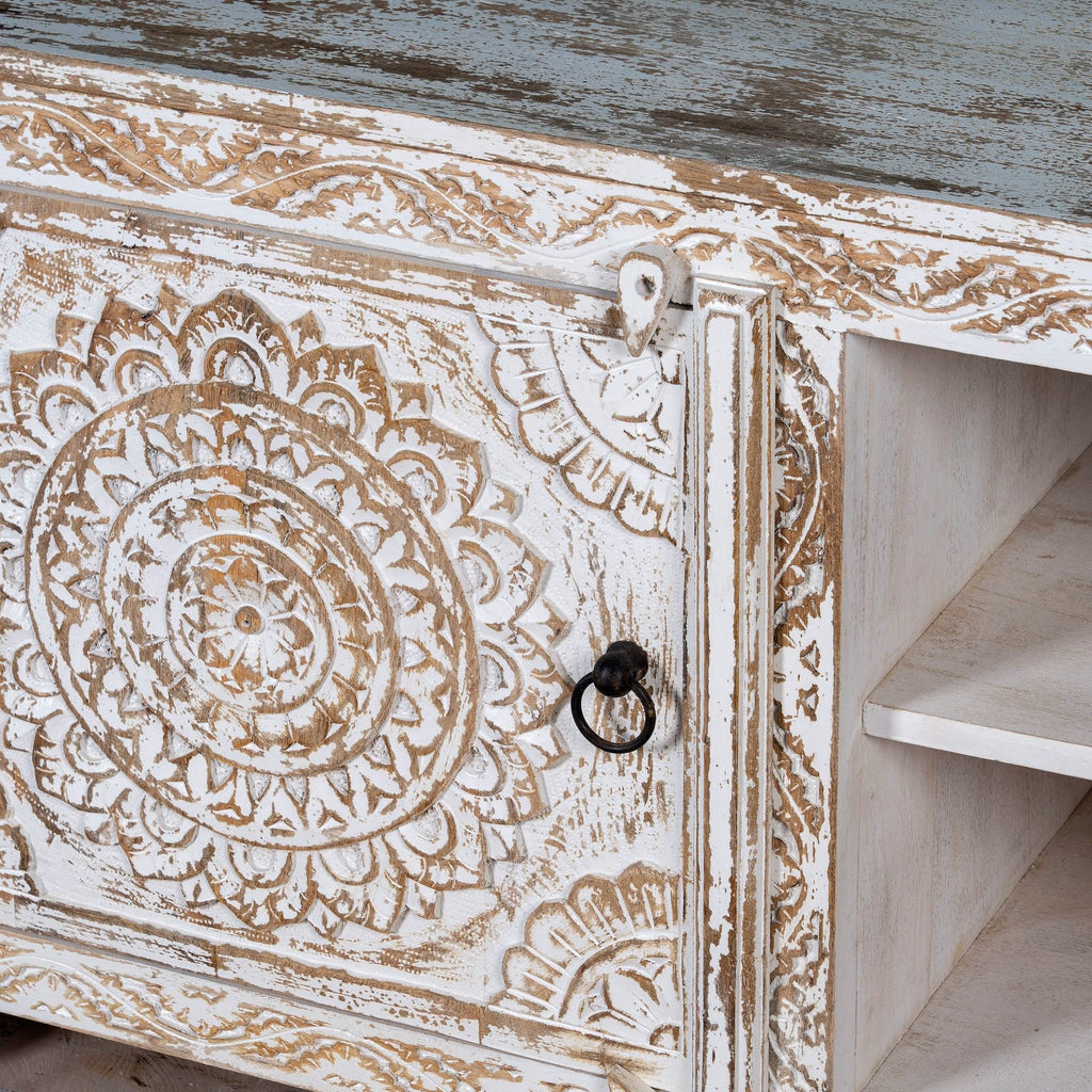 Hand-Carved Whitewashed Wooden TV Console with Mandala Panels - DOBRI ARTS AU