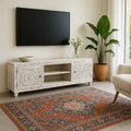 Hand-Carved Whitewashed Wooden TV Console with Mandala Panels - DOBRI ARTS AU