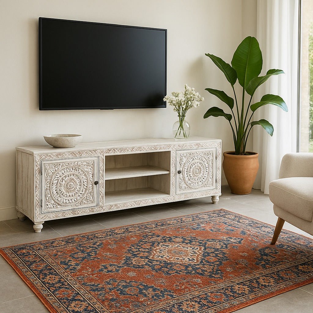 Hand-Carved Whitewashed Wooden TV Console with Mandala Panels - DOBRI ARTS AU