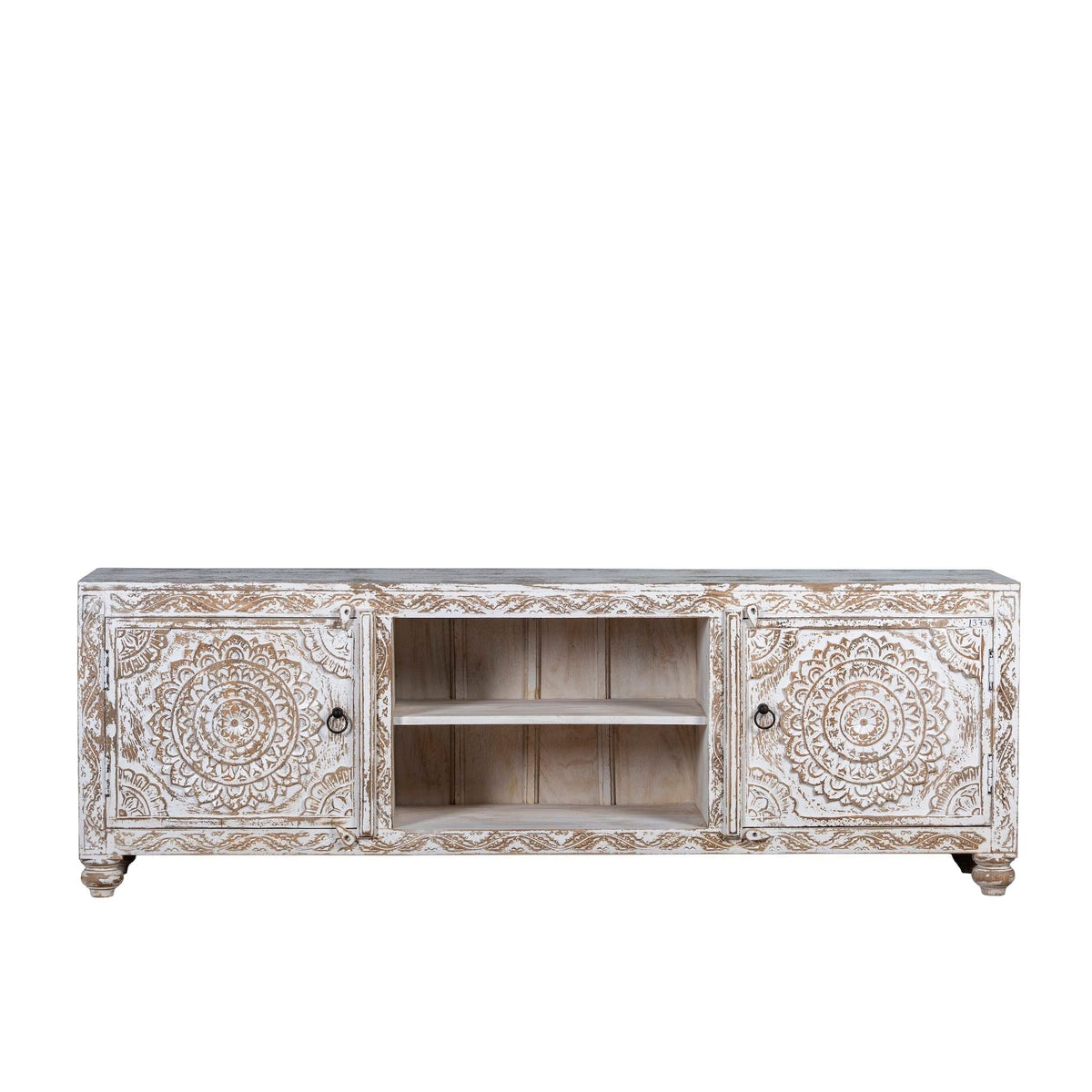 Hand-Carved Whitewashed Wooden TV Console with Mandala Panels - DOBRI ARTS AU