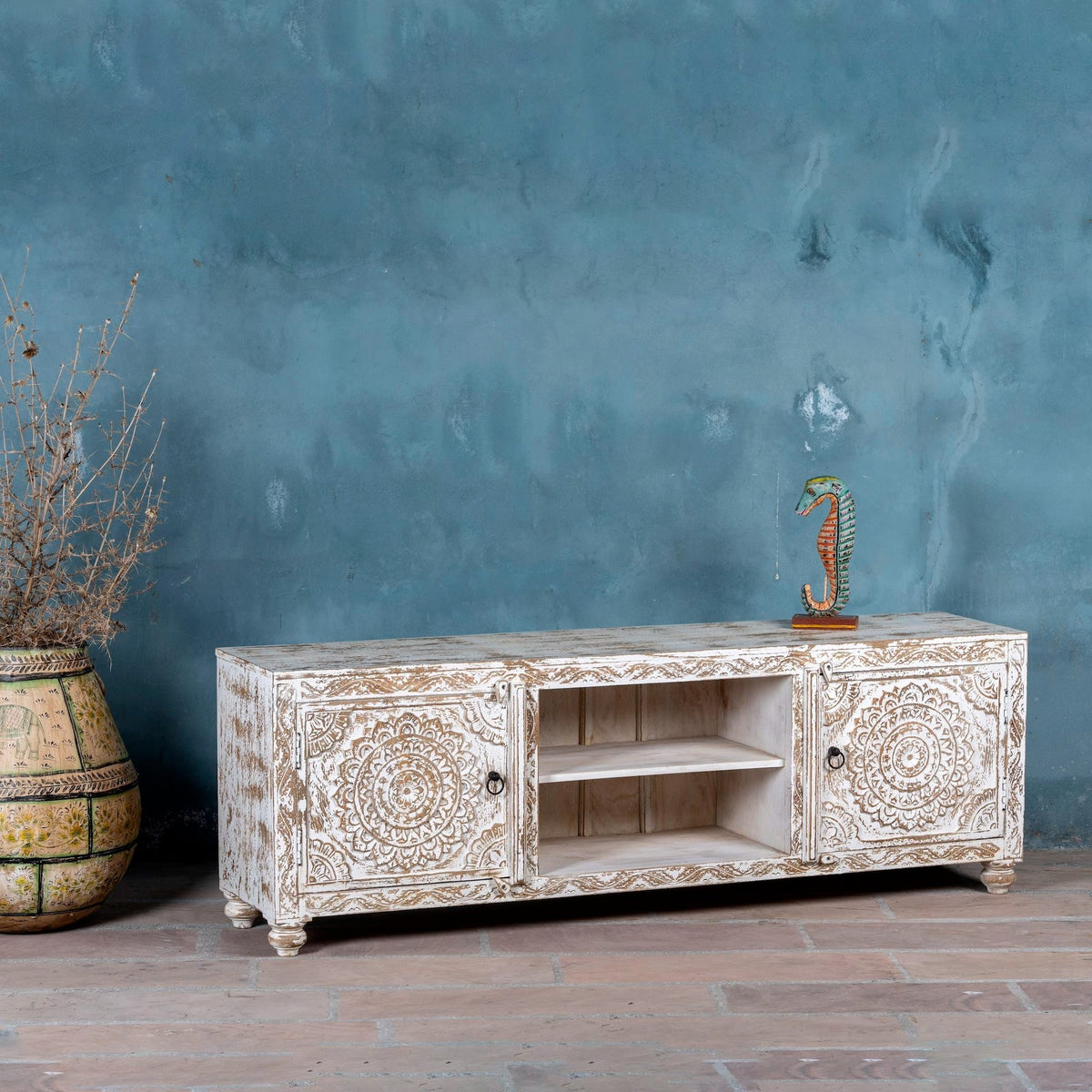 Hand-Carved Whitewashed Wooden TV Console with Mandala Panels - DOBRI ARTS AU