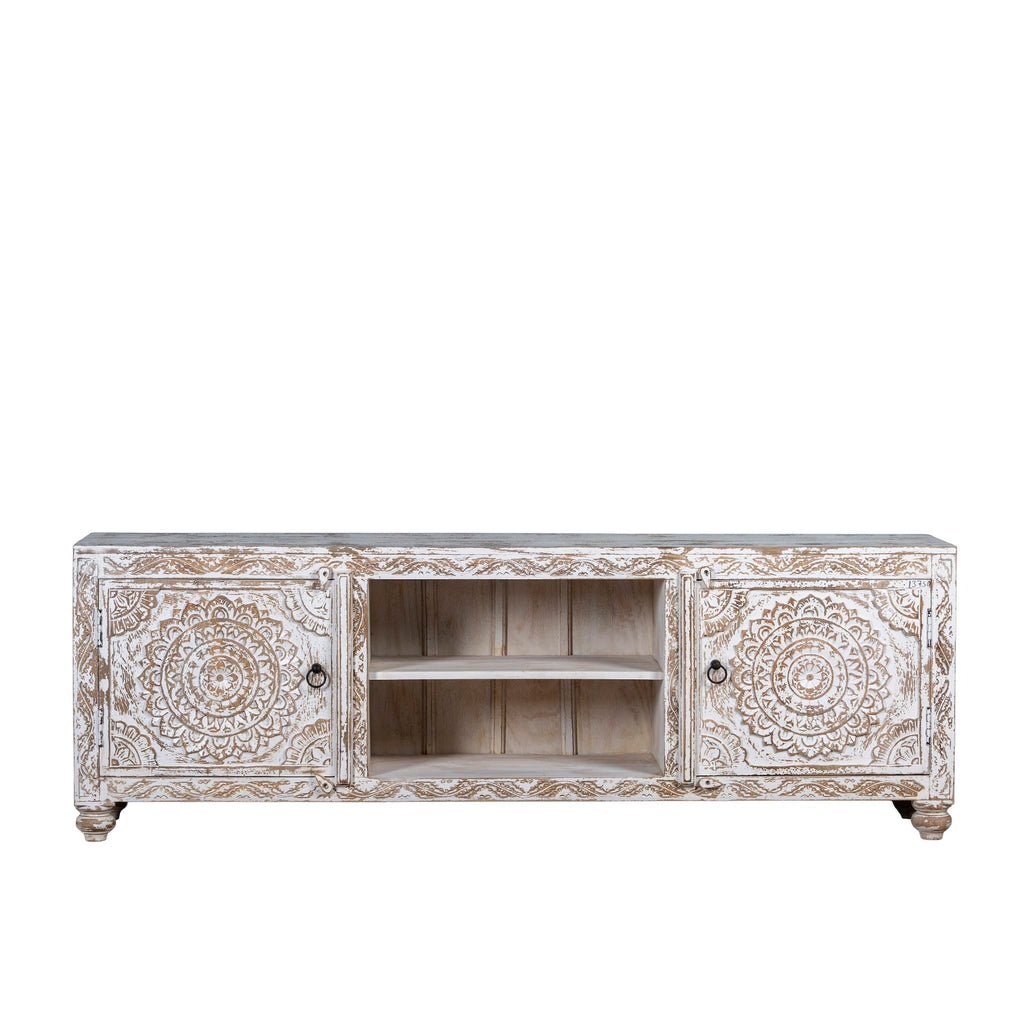 Hand-Carved Whitewashed Wooden TV Console with Mandala Panels - DOBRI ARTS AU