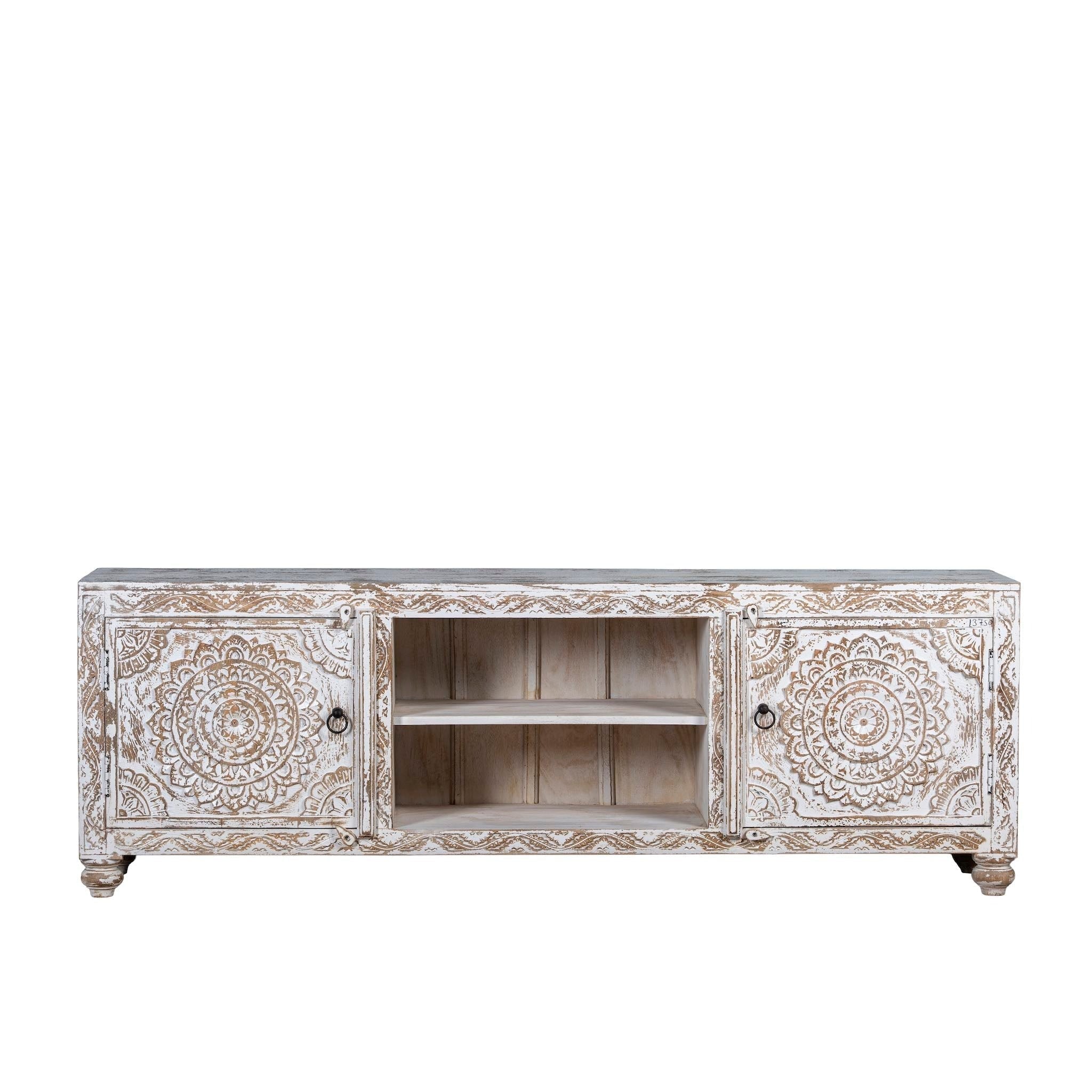 Hand-Carved Whitewashed Wooden TV Console with Mandala Panels - DOBRI ARTS AU
