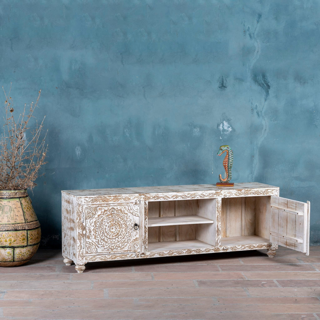 Hand-Carved Whitewashed Wooden TV Console with Mandala Panels - DOBRI ARTS AU
