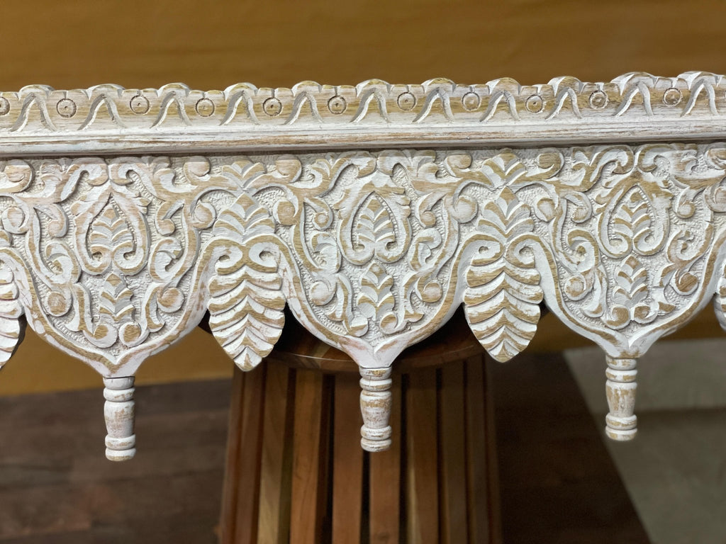 Hand-Carved Whitewashed Wooden Wall Bracket Shelf with Leaf Motif Corbels - DOBRI ARTS AU