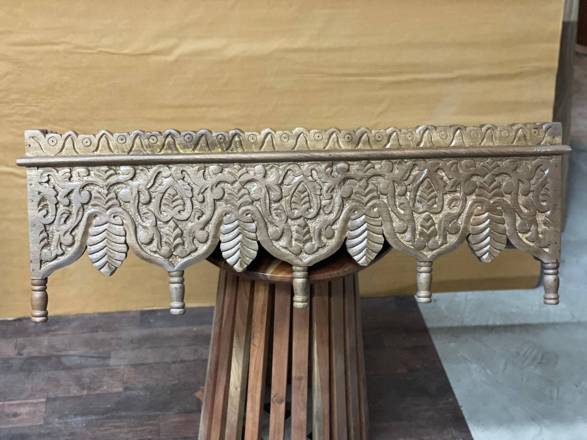 Hand-Carved Whitewashed Wooden Wall Bracket Shelf with Leaf Motif Corbels - DOBRI ARTS AU