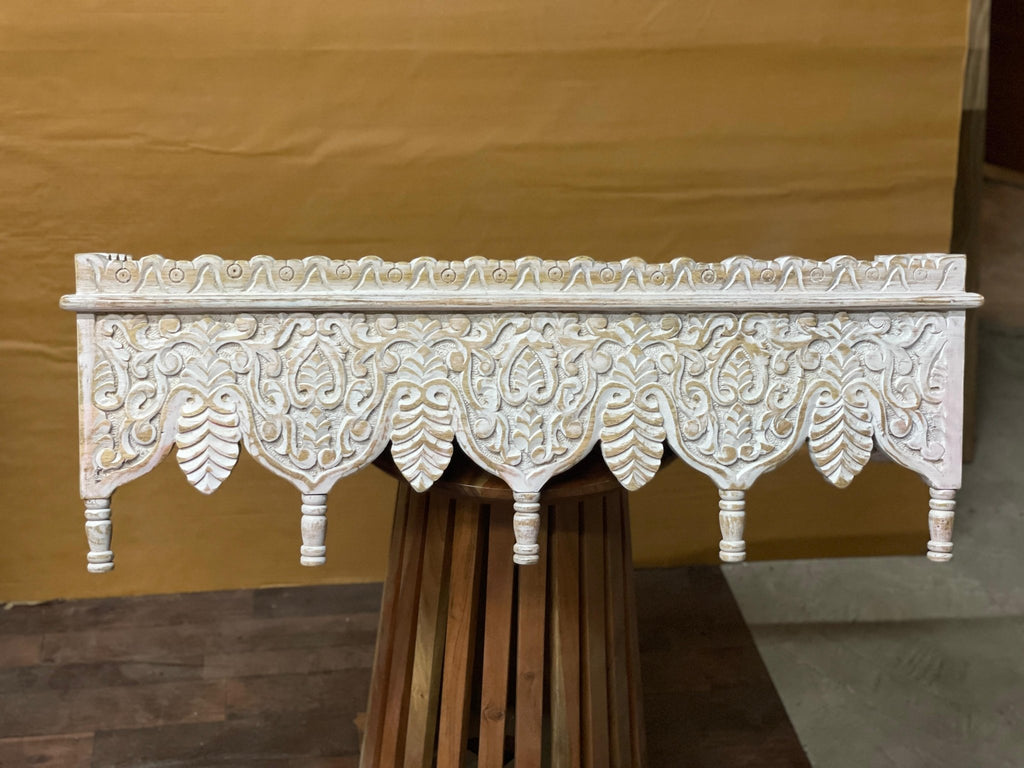 Hand-Carved Whitewashed Wooden Wall Bracket Shelf with Leaf Motif Corbels - DOBRI ARTS AU
