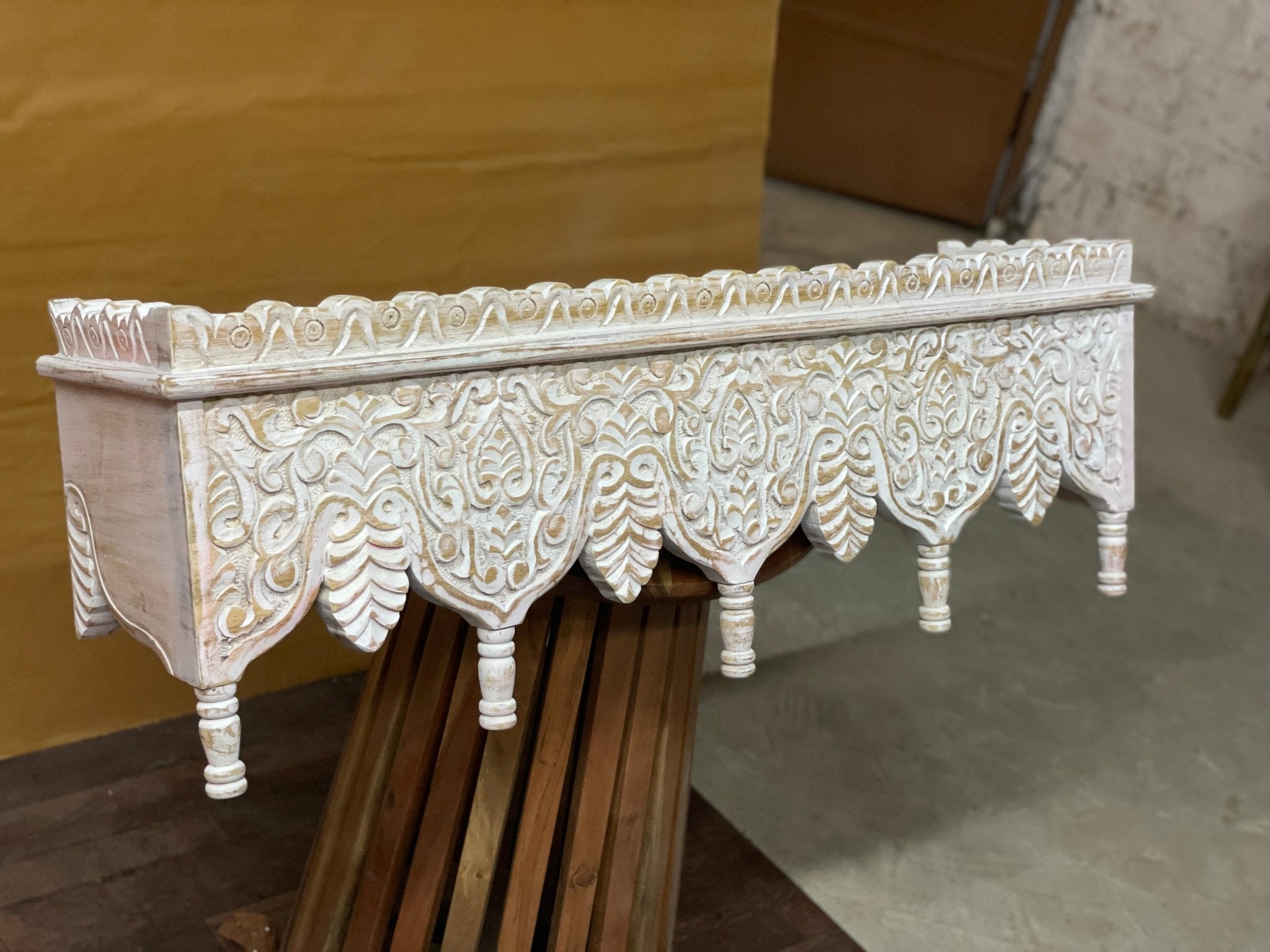 Hand-Carved Whitewashed Wooden Wall Bracket Shelf with Leaf Motif Corbels - DOBRI ARTS AU