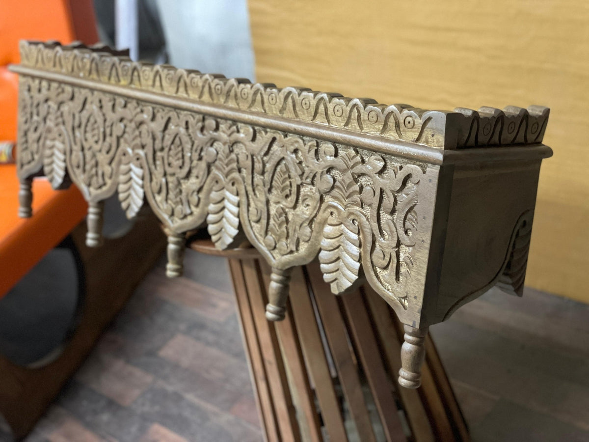 Hand-Carved Whitewashed Wooden Wall Bracket Shelf with Leaf Motif Corbels - DOBRI ARTS AU