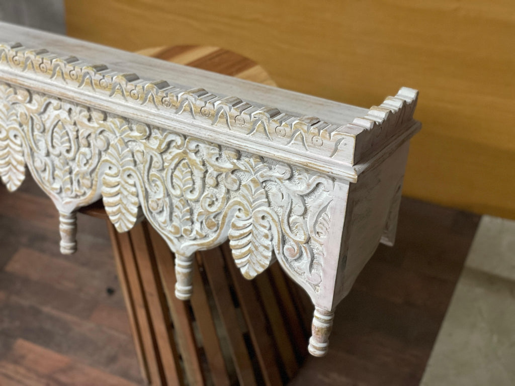 Hand-Carved Whitewashed Wooden Wall Bracket Shelf with Leaf Motif Corbels - DOBRI ARTS AU