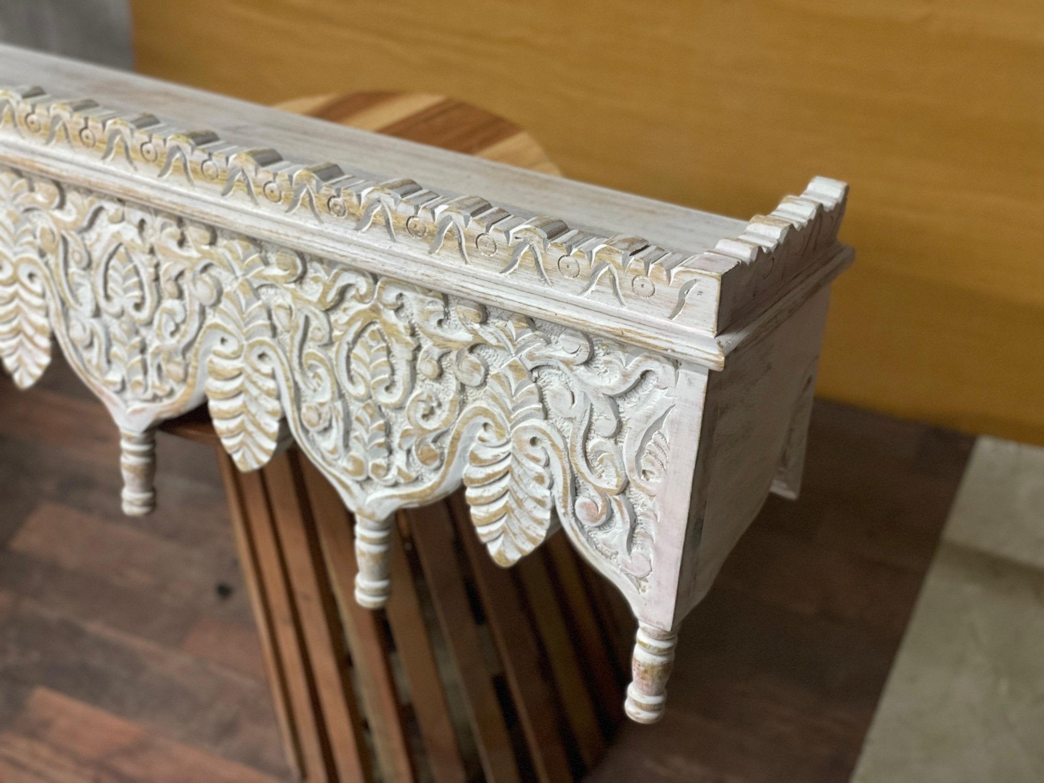 Hand-Carved Whitewashed Wooden Wall Bracket Shelf with Leaf Motif Corbels - DOBRI ARTS AU