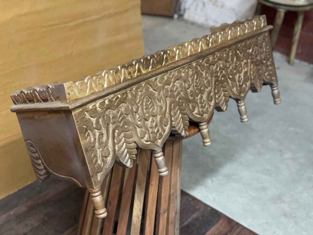 Hand-Carved Whitewashed Wooden Wall Bracket Shelf with Leaf Motif Corbels - DOBRI ARTS AU