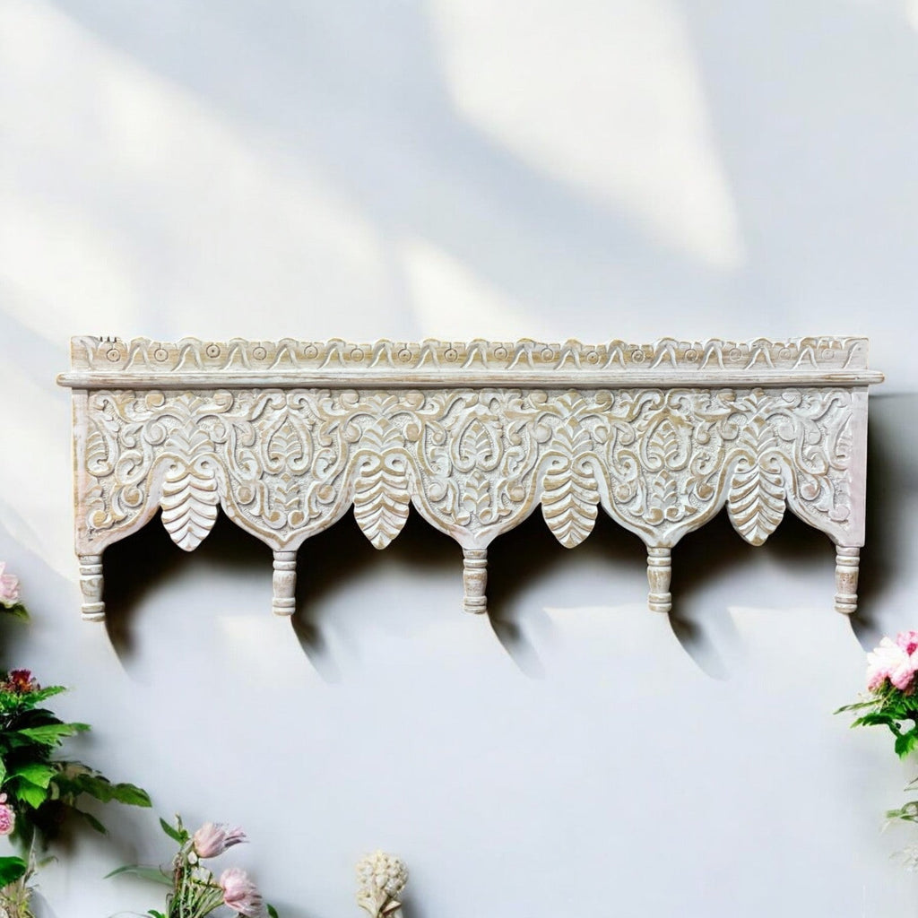 Hand-Carved Whitewashed Wooden Wall Bracket Shelf with Leaf Motif Corbels - DOBRI ARTS AU