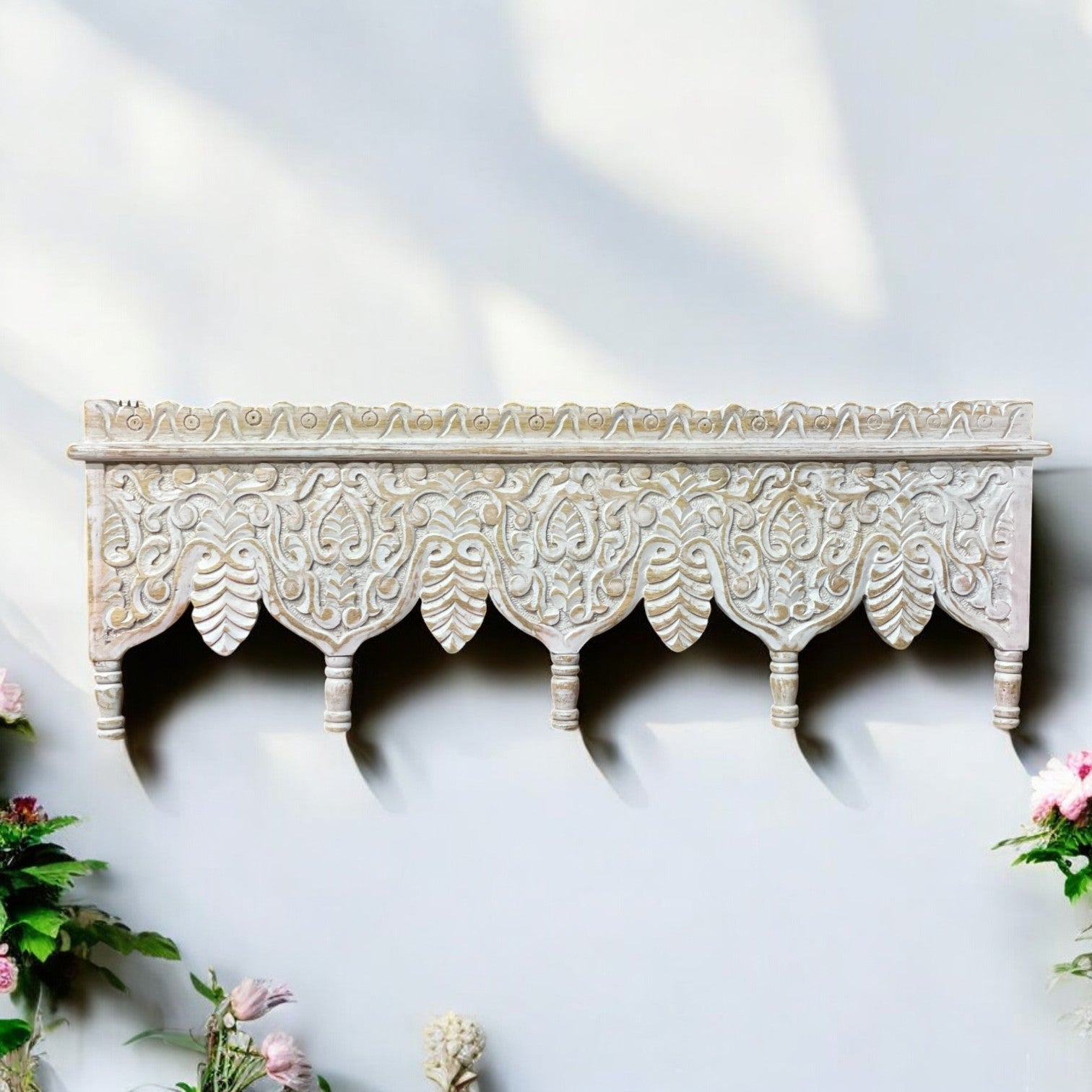 Hand-Carved Whitewashed Wooden Wall Bracket Shelf with Leaf Motif Corbels - DOBRI ARTS AU
