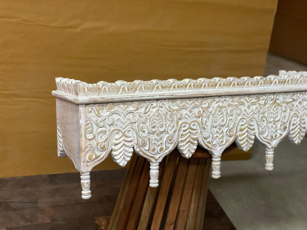 Hand-Carved Whitewashed Wooden Wall Bracket Shelf with Leaf Motif Corbels - DOBRI ARTS AU